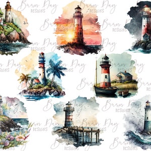 May include: A digital paper pack with ten watercolor illustrations of lighthouses. Each lighthouse is surrounded by water, sky, and other nautical elements. The illustrations are in a variety of colors, including blue, green, red, and white.