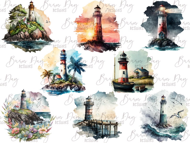 May include: A digital paper pack with ten watercolor illustrations of lighthouses. Each lighthouse is surrounded by water, sky, and other nautical elements. The illustrations are in a variety of colors, including blue, green, red, and white.
