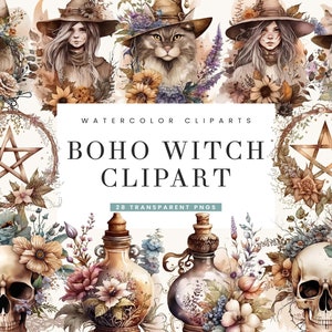Könnte beinhalten: Aquarell-Clipart-Set mit Boho-Hexen-Thema. Das Set enthält Bilder einer Hexe, einer Katze, eines Schädels, einer Zaubertrankflasche, eines Pentagramms und floraler Elemente. Die Bilder sind im Aquarellstil gehalten und haben eine verspielte und magische Atmosphäre.