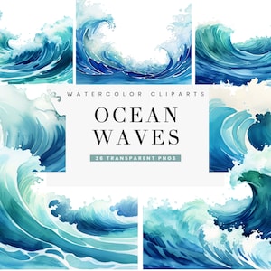 Puede incluir: Un conjunto de 26 ilustraciones de acuarela de olas oceánicas en tonos azules y verdes. Las olas se rompen y se rompen, creando una sensación de movimiento y energía. Las ilustraciones son perfectas para agregar un toque de naturaleza a tus diseños.