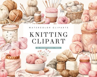 24 Watercolor Knitting Digital Clipart Bundle Sublimation Designs, Digital Print Instant Download, Digital Files, Commercial Use