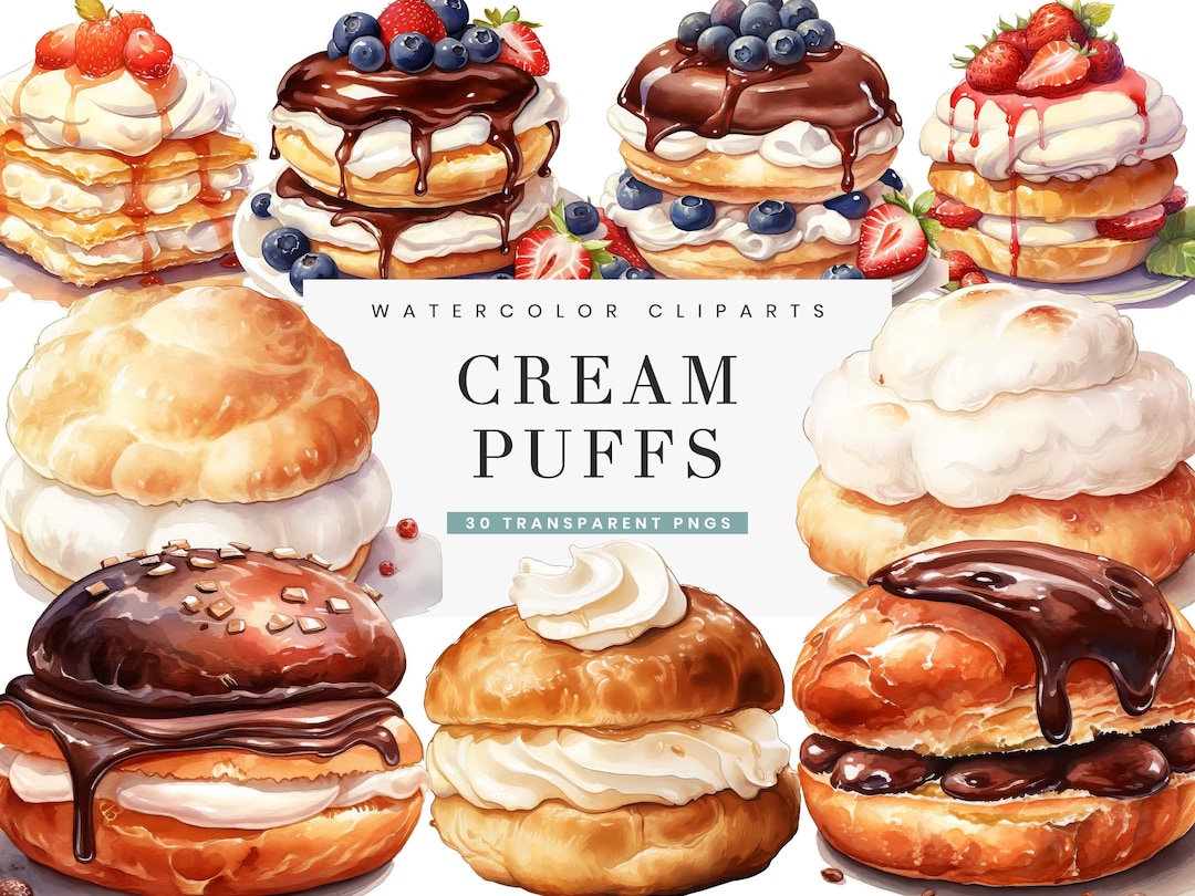 30 Watercolor Cream Puffs Clipart Bundle Sublimation Designs, Instant ...