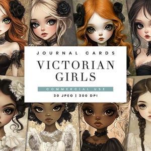 30 Junk Journal, Cartões de diário de meninas vitorianas em preto e branco, download digital de papel vintage, arquivos PNG de impressões digitais de papel antigo