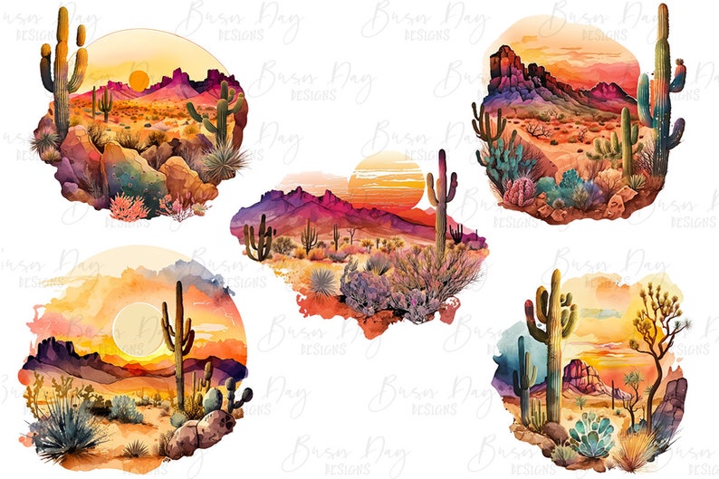 Watercolor Desert Clipart: Arid Landscape PNG Bundle (Digital Download) image 4