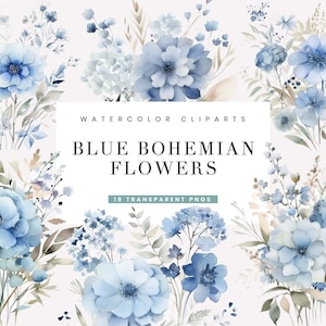 19 Watercolor Blue Bohemian Flowers Clipart Bundle Sublimation Designs Digital Print Printable Art Instant Download Digital Download