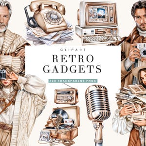 May include: A digital illustration set featuring retro gadgets including a rotary phone, vintage computer, radio, microphone, and cameras, alongside people in neutral-toned clothing, with the text CLIPART RETRO GADGETS 130 TRANSPARENT PNGS.