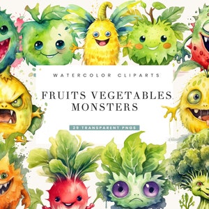 29 Aquarell Obst & Gemüse Monster Clipart, Aquarell Clipart, digitaler Download, sofortiger Download, Digitaldrucke, kommerzielle Nutzung