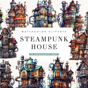 30 Watercolor Steampunk House clipart bundle, Watercolor clipart, digital download, instant download, printable arts