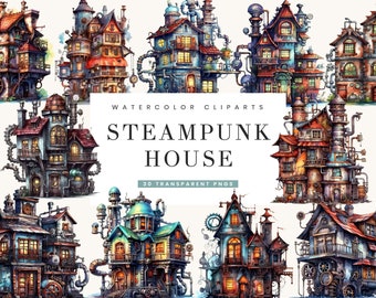 May include: A set of 30 watercolor illustrations of steampunk houses. Each house is unique and features intricate details, such as gears, pipes, and chimneys. The houses are all set against a white background.