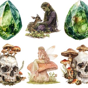 May include: A digital illustration set featuring a green gemstone, a fairy sitting on a mushroom, a skull with mushrooms growing on it, and a fairy with a fawn.