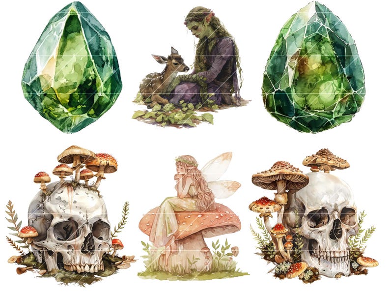 May include: A digital illustration set featuring a green gemstone, a fairy sitting on a mushroom, a skull with mushrooms growing on it, and a fairy with a fawn.