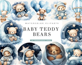 22 Watercolor Blue Teddy Bear Baby Shower Clipart PNG Sublimation ...