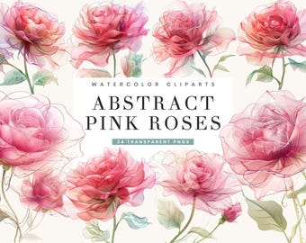 Abstract Pink Roses Clipart: Watercolor PNG Bundle (Digital Download)