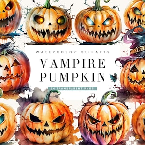 24 Watercolor Vampire Pumpkin Clipart Bundle Digital Download, Printable Art, watercolor clipart, instant download, Digital Print