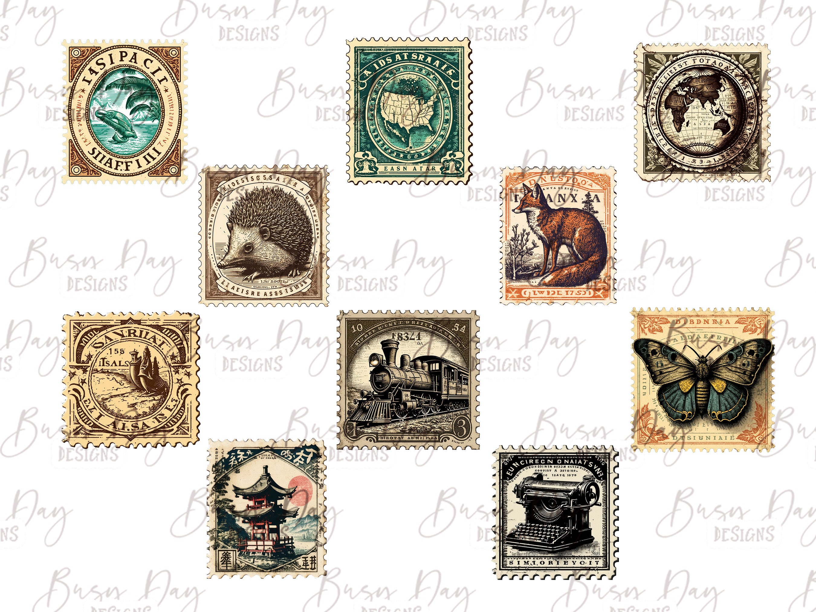 Watercolor Vintage Postage Stamps Clipart: Vol2, 30 PNG Graphics ...