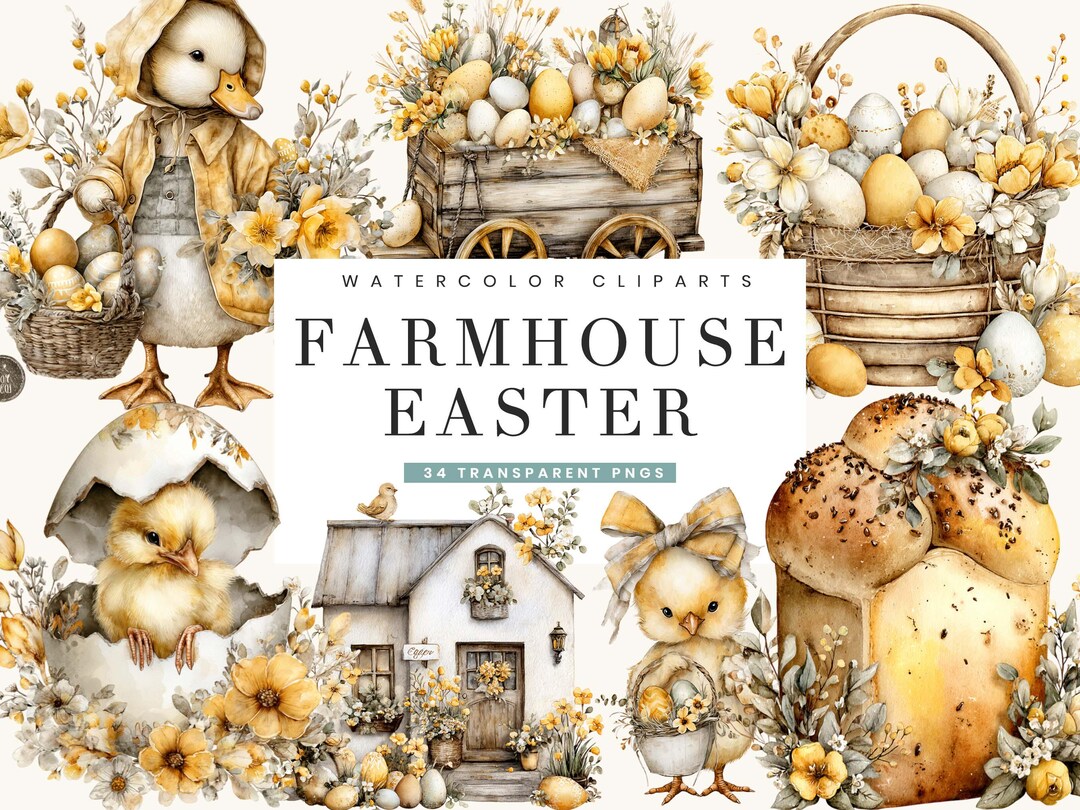 34 Watercolor Farmhouse Easter Clipart Bundle Sublimation Designs ...