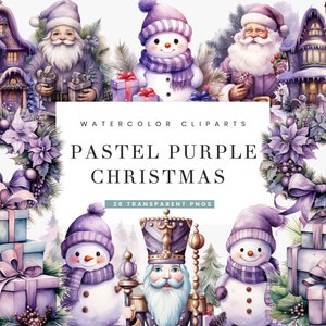 26 Aquarell Pastell Lila Weihnachten Clipart Bundle Sublimation Designs, sofortiger Download digitale Dateien, Wand Kunst digitaler Download