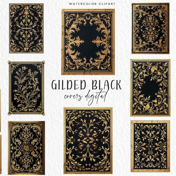 21 Watercolor Gilded Black Book Covers Digital Sheets Clipart Bundle Sublimation Designs Digital Print Instant Download, Digital Files