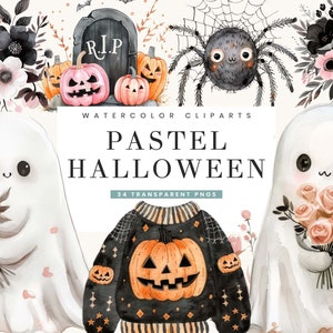 34 Aquarell Pastell Halloween Clipart Bundle Sublimation Designs digitaler Download, Sofort-Download Digitaldrucke, Halloween PNG-Dateien