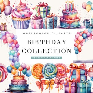 26 Aquarell alles Gute zum Geburtstag Sammlung Clipart Bundle Sublimation Designs druckbare Kunst Sofortiger Download Digitaldrucke, Png-Dateien