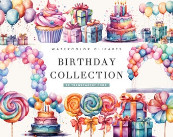 Watercolor Happy Birthday Clipart Bundle: 26 PNG Designs (Digital Prints)