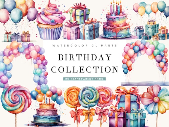 Watercolor Happy Birthday Clipart Bundle: 26 PNG Designs (Digital Prints)