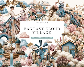 79 Dreamy Fantasy Village Clipart Bundle | Watercolor Cloud World PNG | Fairytale Castle & Cottage Graphics