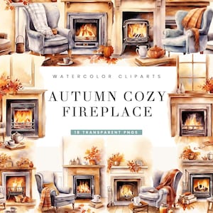 18 Watercolor Autumn Cozy Fireplace Corner Clipart Bundle Digital Download, Watercolor Clipart, Instant Download, Sublimation Designs