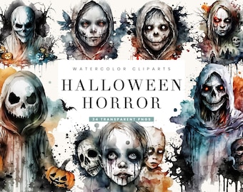 Watercolor Halloween Horror Clipart Bundle: 34 PNG Designs (Digital Download)