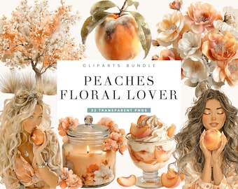 32 Peaches Floral Lover Clipart Bundle Sublimation Designs Digital Download, Digital Prints, Digital Art, Digital Planner,  PNG Files