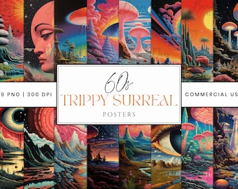 May include: A set of 19 digital collage sheets featuring psychedelic, surreal landscapes with vibrant colors, swirling patterns, and whimsical elements. The text "60s Trippy Surreal Posters" is displayed in the center of the image.