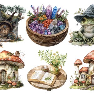 May include: A set of whimsical illustrations featuring a mushroom house, a tree house, a frog wearing a witch's hat, a bowl of crystals, and a book on a wooden table.