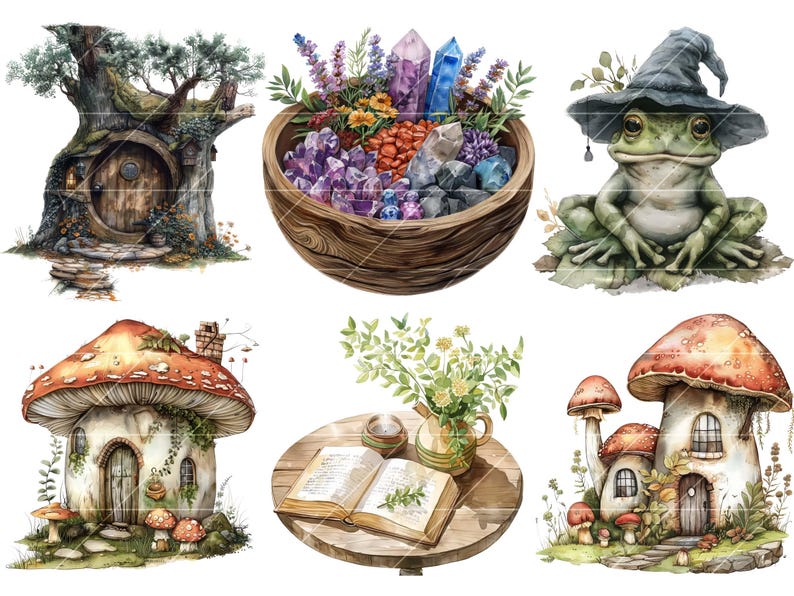 May include: A set of whimsical illustrations featuring a mushroom house, a tree house, a frog wearing a witch's hat, a bowl of crystals, and a book on a wooden table.