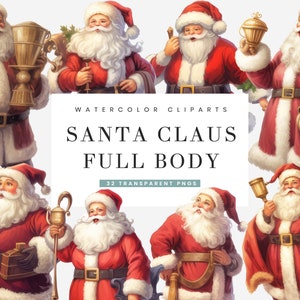 32 Desenhos de sublimação de pacote de clipart de Papai Noel em aquarela, download digital de arte de parede para impressão, download instantâneo de arquivos Png