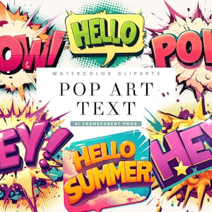 41 Pop Art texte Clipart Bundle Sublimation designs téléchargement numérique, impressions numériques téléchargement immédiat, fichiers PNG Pop Art texte