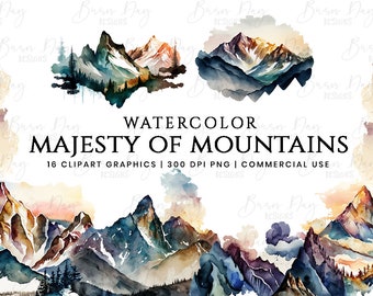 Watercolor Mountain Clipart Bundle: 16 PNG Landscapes (Commercial Use)