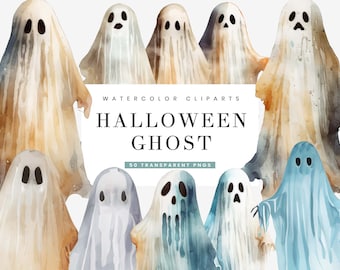 Watercolor Halloween Ghost Clipart: 50 PNG Sublimation Designs (Digital Download)