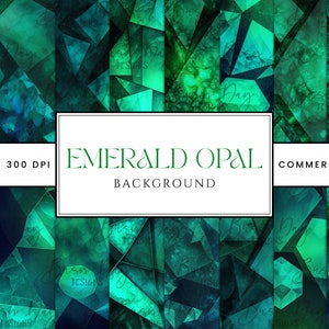 May include: A digital paper pack with 38 emerald green and blue gemstone-like patterns. The patterns are abstract and resemble a mosaic of geometric shapes. The text "EMERALD OPAL BACKGROUND" is in the center of the image.