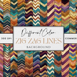 May include: 16 digital papers with a zig zag pattern in various shades of gold, teal, purple, and brown. The papers are 300 DPI and are for commercial use.