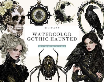 May include: A digital clipart collection titled WATERCOLOR GOTHIC HAUNTED 103 TRANSPARENT PNGS featuring illustrations of a skull with roses, a compass, a crescent moon with flowers, a raven in a frame, a spider, and two figures.