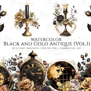 20 Watercolor Black and Gold Antique Clipart vo.1, clipart bundle, watercolor clipart, digital download, instant download, digital prints