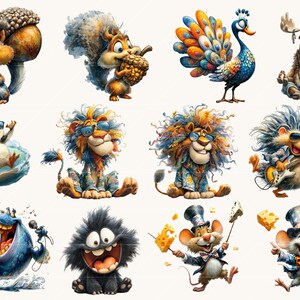 May include: A set of colourful cartoon animal illustrations. The images feature a squirrel with an acorn, a peacock, a moose meditating, a penguin surfing, lions, a hedgehog playing guitar, a singing hippo, a furry monster, and mice with cheese.