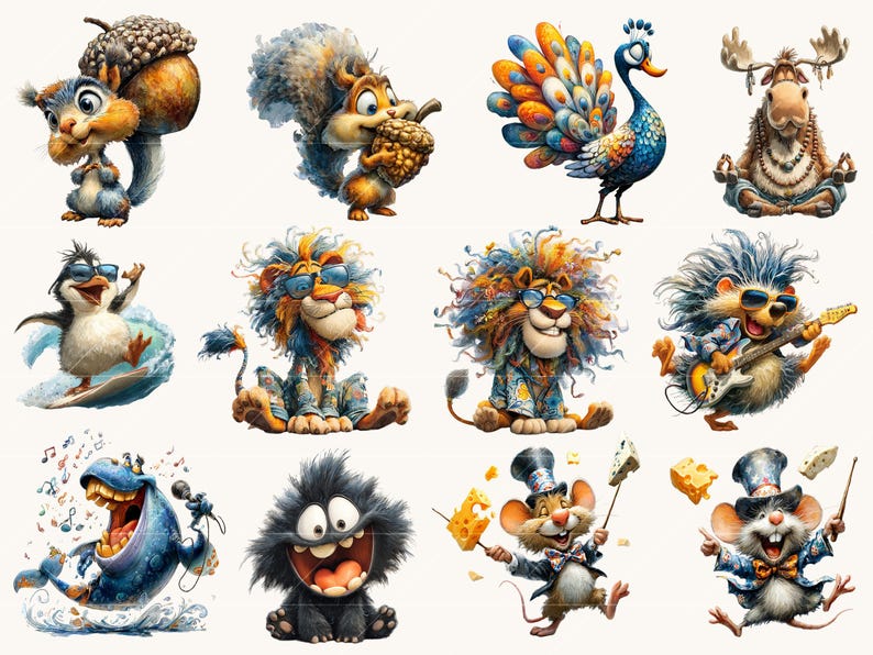 May include: A set of colourful cartoon animal illustrations. The images feature a squirrel with an acorn, a peacock, a moose meditating, a penguin surfing, lions, a hedgehog playing guitar, a singing hippo, a furry monster, and mice with cheese.