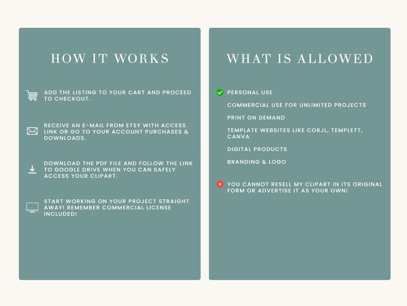 May include: A green and white graphic with the text "How It Works" and "What Is Allowed" describing the process of purchasing and using a digital clipart. The graphic includes icons for a shopping cart, an email, a download arrow, and a computer screen. The graphic also includes a checkmark and an X to indicate what is allowed and what is not allowed.