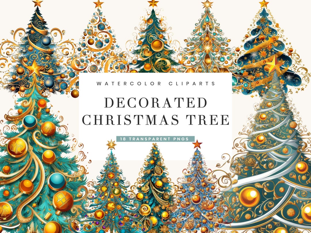 Watercolor Christmas Tree Clipart Bundle: Decorated PNG Designs ...