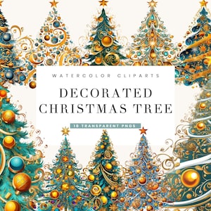 18 Watercolor Decorated Detailed Christmas Tree Clipart Bundle Digital Download Sublimation Designs Printable Art Instant Download Png Files