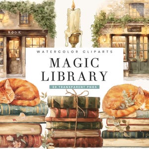 30 akwarelowych magicznych bibliotek clipartów pakiet sublimacji wzory cyfrowe do pobrania, cyfrowe wydruki natychmiastowe do pobrania, pliki PNG Magic Library