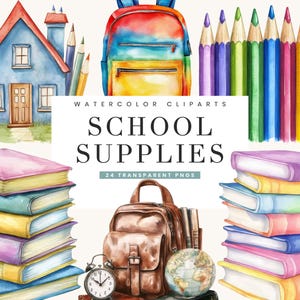 Pacote com 24 cliparts de materiais escolares em aquarela, designs de sublimação para download digital, impressões digitais, clipart em aquarela, volta às aulas