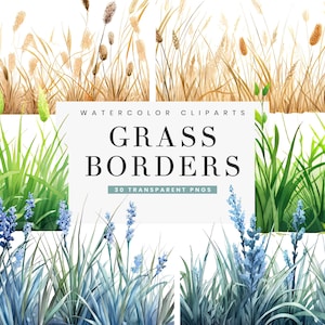 May include: A set of 30 watercolor grass border clipart images. The images feature different types of grass, including tall grass, short grass, and wildflowers. The images are perfect for adding a touch of nature to your designs.