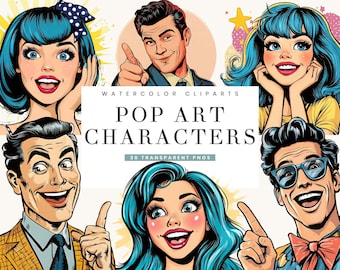 May include: A set of 30 watercolor illustrations of pop art characters. The characters are drawn in a retro style with bold colors and exaggerated features. The set includes a variety of characters, including men and women with different hairstyles and expressions. The characters are all smiling and looking happy. The illustrations are perfect for adding a touch of fun and whimsy to any project.